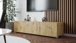 Szafki Rtv></noscript>GiB Meble Nowoczesna szafka RTV 150 cm z ryflowanymi frontami długa KORDIS dąb artisan