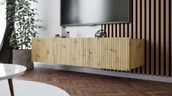 Szafki Rtv></noscript>GiB Meble Nowoczesna szafka RTV 150 cm z ryflowanymi frontami długa KORDIS dąb artisan