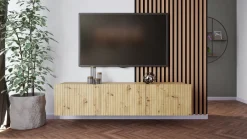 Szafki Rtv></noscript>GiB Meble Nowoczesna szafka RTV 150 cm z ryflowanymi frontami długa KORDIS dąb artisan