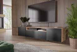 Szafki Rtv></noscript>Arton Nowoczesna szafka RTV 200 cm wisząca do salonu LANTOS dąb artisan + czarny