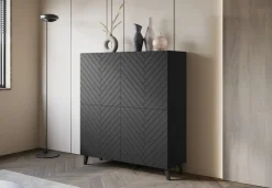 Zestawy Mebli Do Salonu|Komody></noscript>BRATEX Nowoczesna wysoka komoda do salonu z frezowanymi frontami 120 cm PUNES cichy domyk czarny