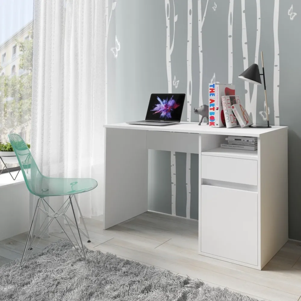 Biurka|Meble Młodzieżowe>MEBLOSIEK Nowoczesne białe biurko młodzieżowe BILLY z szufladą i półką biały