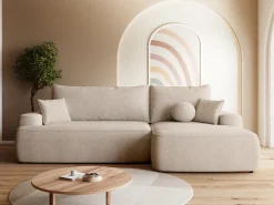 Meble Dla Dzieci|Meble Młodzieżowe></noscript>BROMARKT Nowoczesny beżowy narożnik z pojemnikiem i funkcją spania CARMELLO boucle