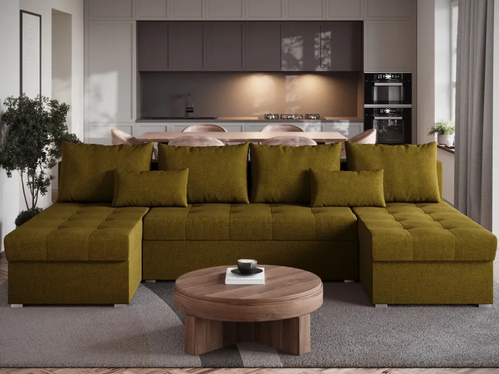 Narożniki>BROMARKT Nowoczesny narożnik do salonu z funkcją spania HOT SLIM U duży musztardowy