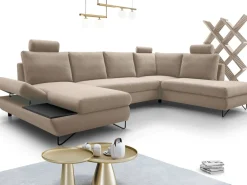 Narożniki></noscript>LASKI Nowoczesny narożnik do salonu z funkcją spania i półką LORENS