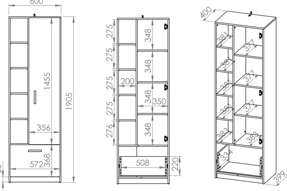 Zestawy Mebli Młodzieżowych>ML Meble Nowoczesny regał półotwarty do pokoju młodzieżowego 60 cm FINI
