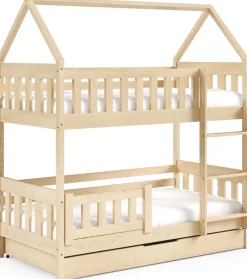 Łóżka Młodzieżowe|Łóżka Dziecięce>Meblomal Piętrowe łóżko domek do pokoju dziecięcego z barierką 80x160 cm MELANIA sosna naturalna