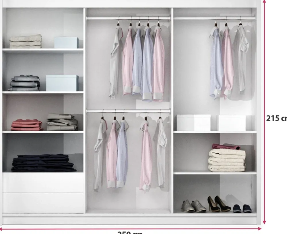 Szafy Dwudrzwiowe|Szafy Z Lustrem>Stolar Pojemna dwudrzwiowa szafa przesuwna z lustrem 250 cm VASCO platinum