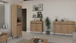 Zestawy Mebli Do Salonu>Lempert Pojemna frezowana komoda z szufladami do salonu 148 cm OMEGA dąb evoke