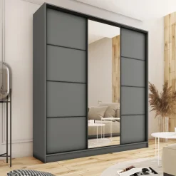 Szafy Trzydrzwiowe|Szafy Do Przedpokoju></noscript>BROMARKT Pojemna owa szafa przesuwna z lustrem 180 cm LOFT MAX grafit