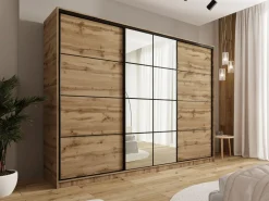 Zestawy Mebli Do Przedpokoju|Szafy Trzydrzwiowe></noscript>BROMARKT Pojemna szafa przesuwna 280 cm z lustrem i drążkami EDGE dąb wotan