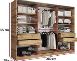 Zestawy Mebli Do Przedpokoju|Szafy Trzydrzwiowe></noscript>BROMARKT Pojemna szafa przesuwna 280 cm z lustrem i drążkami EDGE dąb wotan