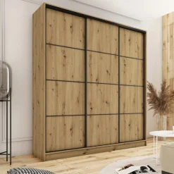 Zestawy Mebli Do Przedpokoju|Szafy Trzydrzwiowe></noscript>BROMARKT Pojemna szafa przesuwna 200 cm LOFT MAX dąb artisan