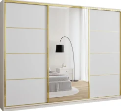 Zestawy Mebli Do Przedpokoju|Szafy Trzydrzwiowe>BROMARKT Pojemna szafa przesuwna 280 cm GOLD NEW mat biały