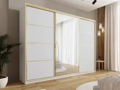 Zestawy Mebli Do Przedpokoju|Szafy Trzydrzwiowe></noscript>BROMARKT Pojemna szafa przesuwna 280 cm GOLD NEW mat biały