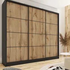 Zestawy Mebli Do Przedpokoju|Szafy Trzydrzwiowe></noscript>BROMARKT Pojemna szafa przesuwna 280 cm do sypialni LOFT MAX dąb wotan