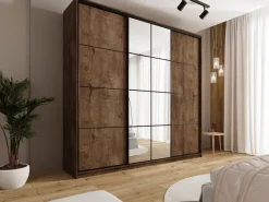 Zestawy Mebli Do Przedpokoju|Szafy Trzydrzwiowe></noscript>BROMARKT Pojemna szafa przesuwna 250 cm z lustrem i szufladami EDGE MAX dąb lefkas