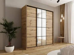 Zestawy Mebli Do Przedpokoju|Szafy Trzydrzwiowe></noscript>BROMARKT Pojemna szafa przesuwna z lustrem 180 cm do sypialni EDGE dąb artisan
