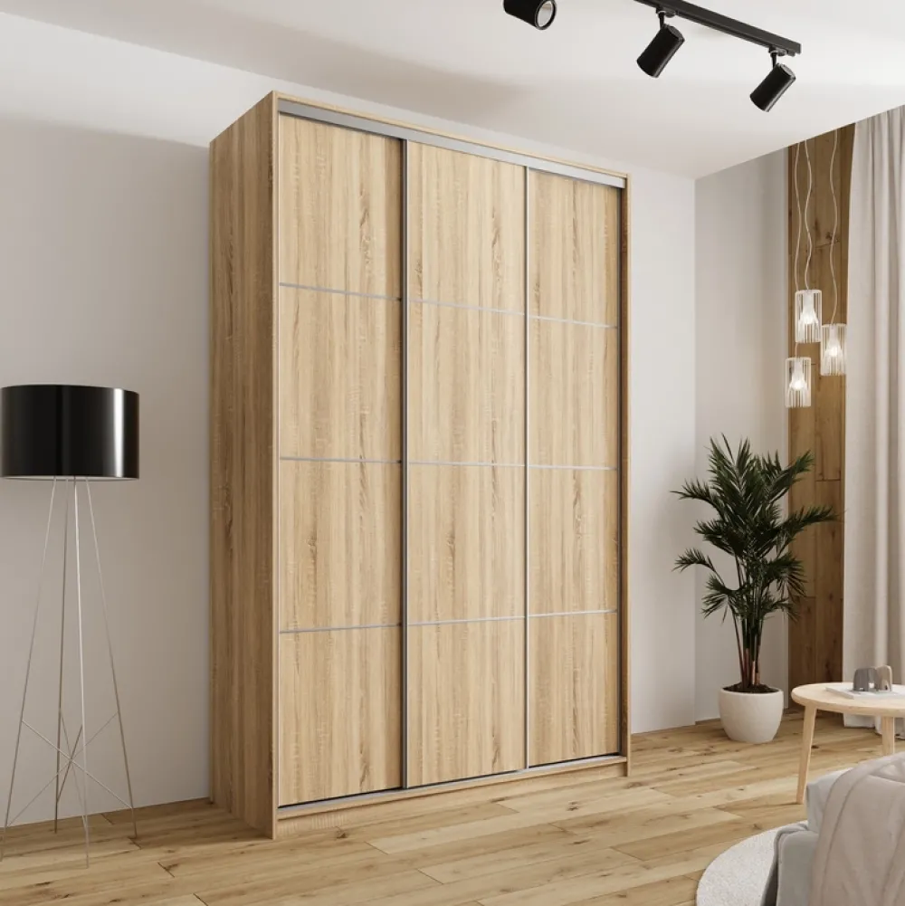 Zestawy Mebli Do Przedpokoju|Szafy Trzydrzwiowe>BROMARKT Pojemna szafa przesuwna z półkami i szufladami 150 cm TOP MAX dąb sonoma