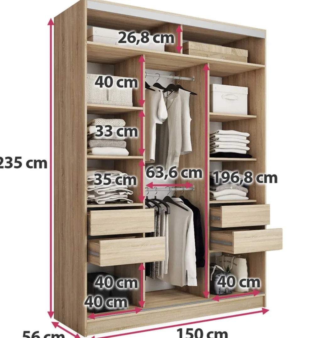 Zestawy Mebli Do Przedpokoju|Szafy Trzydrzwiowe>BROMARKT Pojemna szafa przesuwna z półkami i szufladami 150 cm TOP MAX dąb sonoma