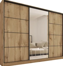 Zestawy Mebli Do Przedpokoju|Szafy Trzydrzwiowe>BROMARKT Pojemna szafa przesuwna z lustrem 280 cm LOFT MAX dąb wotan