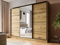 Zestawy Mebli Do Przedpokoju|Szafy Trzydrzwiowe></noscript>BROMARKT Pojemna szafa przesuwna z lustrem 250 cm BEST dąb artisan