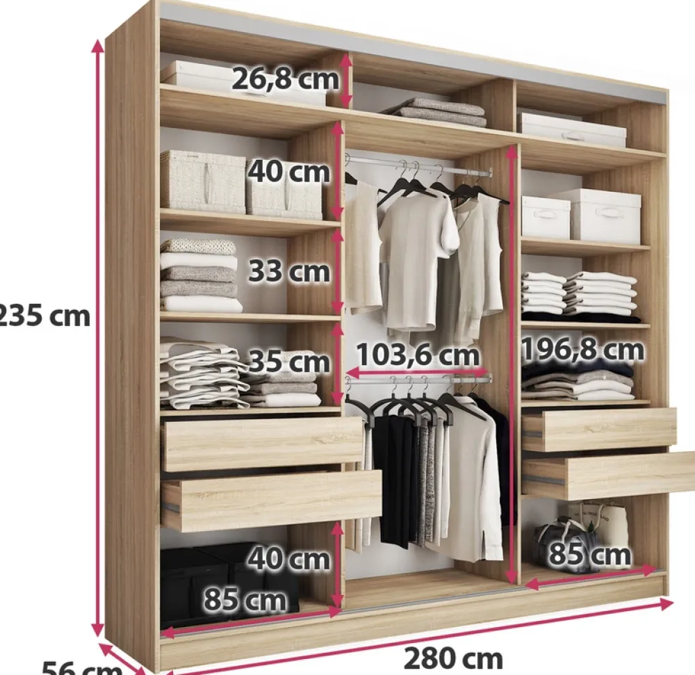 Szafy Trzydrzwiowe|Szafy Do Przedpokoju>BROMARKT Pojemna szafa przesuwna z półkami i szufladami 280 cm TOP MAX dąb sonoma