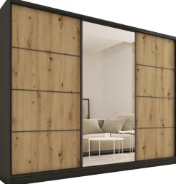 Zestawy Mebli Do Przedpokoju|Szafy Trzydrzwiowe>BROMARKT Pojemna szafa przesuwna z lustrem 280 cm LOFT MAX dąb artisan