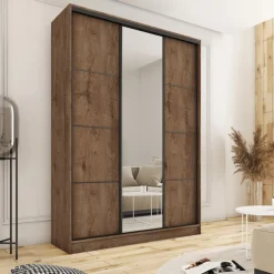 Zestawy Mebli Do Przedpokoju|Szafy Trzydrzwiowe></noscript>BROMARKT Pojemna szafa przesuwna z lustrem 150 cm LOFT MAX dąb lefkas