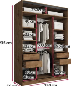 Zestawy Mebli Do Przedpokoju|Szafy Trzydrzwiowe></noscript>BROMARKT Pojemna szafa przesuwna z lustrem 150 cm LOFT MAX dąb lefkas