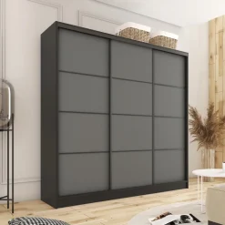 Szafy Trzydrzwiowe|Szafy Do Przedpokoju></noscript>BROMARKT Pojemna szafa przesuwna z szufladami i półkami 180 cm LOFT grafit