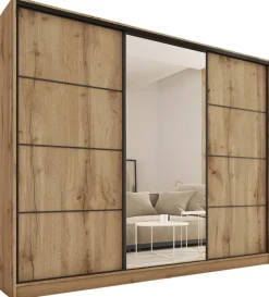 Zestawy Mebli Do Przedpokoju|Szafy Trzydrzwiowe>BROMARKT Pojemna szafa przesuwna z lustrem 250 cm LOFT MAX dąb wotan