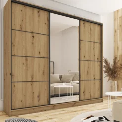 Zestawy Mebli Do Przedpokoju|Szafy Trzydrzwiowe></noscript>BROMARKT Pojemna szafa przesuwna z lustrem 250 cm LOFT MAX dąb wotan