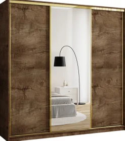 Zestawy Mebli Do Przedpokoju|Szafy Trzydrzwiowe>BROMARKT Pojemna szafa przesuwna z lustrem 200 cm GOLD NEW dąb lefkas