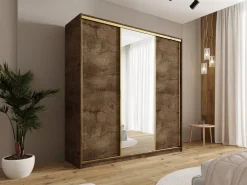 Zestawy Mebli Do Przedpokoju|Szafy Trzydrzwiowe></noscript>BROMARKT Pojemna szafa przesuwna z lustrem 200 cm GOLD NEW dąb lefkas