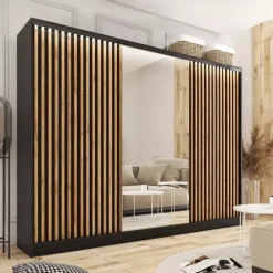 Zestawy Mebli Do Przedpokoju|Szafy Trzydrzwiowe></noscript>BROMARKT Pojemna szafa z lustrem i lamelami LOFT 250 cm wotan