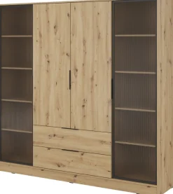 Szafy Młodzieżowe|Szafy Otwierane>PIASKI Pojemna szafa z witryną i szufladami 206 cm KAMIS dąb artisan