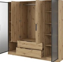 Szafy Młodzieżowe|Szafy Otwierane>PIASKI Pojemna szafa z witryną i szufladami 206 cm KAMIS dąb artisan