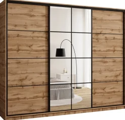 Zestawy Mebli Do Przedpokoju|Szafy Trzydrzwiowe>BROMARKT Pojemna trzydrzwiowa szafa przesuwna z lustrem 250 cm EDGE dąb wotan