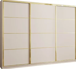 Zestawy Mebli Do Przedpokoju|Szafy Trzydrzwiowe>BROMARKT Pojemna trzydrzwiowa szafa przesuwna 280 cm z szufladami GOLD NEW beż piaskowy