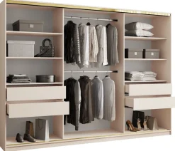 Zestawy Mebli Do Przedpokoju|Szafy Trzydrzwiowe>BROMARKT Pojemna trzydrzwiowa szafa przesuwna 280 cm z szufladami GOLD NEW beż piaskowy