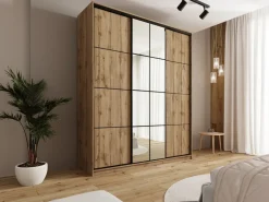 Zestawy Mebli Do Przedpokoju|Szafy Trzydrzwiowe></noscript>BROMARKT Pojemna wysoka szafa przesuwna 200 cm z lustrem i półkami EDGE MAX dąb wotan