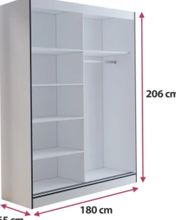 Szafy Dwudrzwiowe|Szafy Z Lustrem></noscript>JUREK Przesuwna szafa biała na ubrania z półkami i lustrem 180 cm OLAS biały