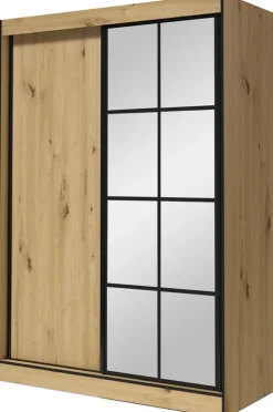 Szafy Dwudrzwiowe|Szafy Z Lustrem>JUREK Przesuwna szafa z półkami i drążkiem w stylu nowoczesnym 150 cm OLAS dąb artisan