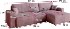Narożniki></noscript>BROMARKT Różowa sztruksowa kanapa narożna z funkcją spania PUMI XL