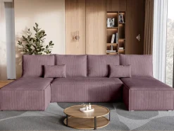 Narożniki></noscript>BROMARKT Różowy narożnik sztruksowy z funkcją spania do salonu TOP U SLIM