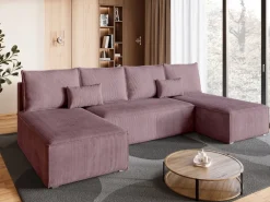 Narożniki></noscript>BROMARKT Różowy narożnik sztruksowy z funkcją spania do salonu TOP U SLIM