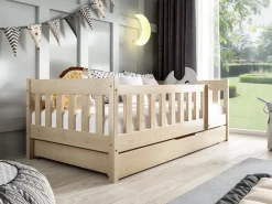 Meble Dla Dzieci|Łóżka Dziecięce>Meblomal Sosnowe łóżko do pokoju dziecięcego z barierką i szufladą 80x160 cm NEBULA sosna naturalna