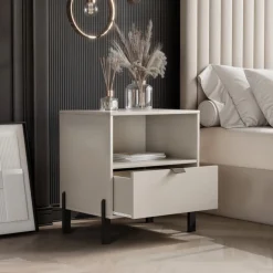 Zestawy Mebli Do Salonu|Szafki Nocne></noscript>Stolar Stolik nocny szafka nocna do sypialni beżowy z szufladą CALISSA