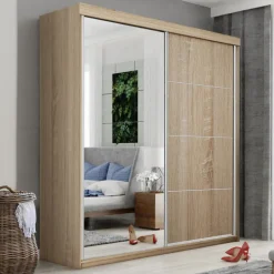 Zestawy Mebli Do Przedpokoju|Szafy Dwudrzwiowe>KIER Szafa 200 cm z lustrem do sypialni dwudrzwiowa przesuwna TARO dąb sonoma